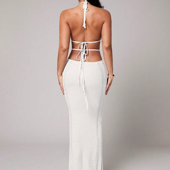 White Boho Crochet Deep V-Neck Hollow Slit Mid-Length Women's Cover Up Dress - Picture 2 of 8